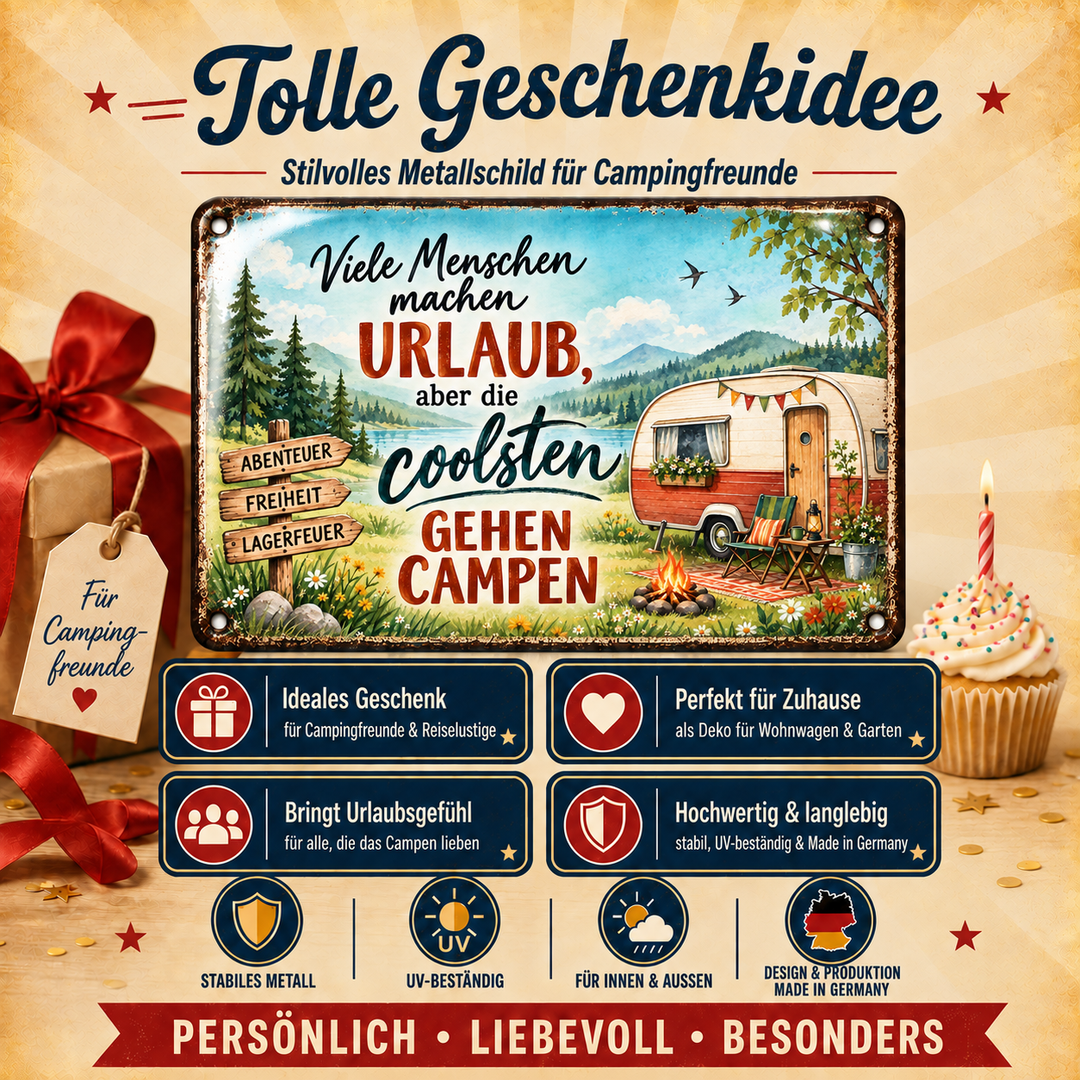 Camping Metallschild – Die Coolsten gehen campen von Leotie – Geschenkidee, 30 × 20 cm