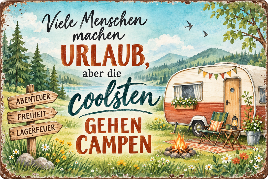 Camping Metallschild – Die Coolsten gehen campen von Leotie – Motivansicht, 30 × 20 cm