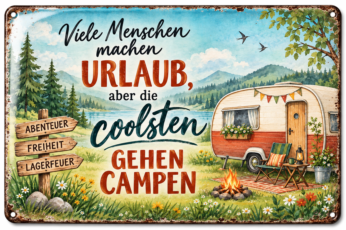 Camping Metallschild – Die Coolsten gehen campen von Leotie – Titelbild mit Schimmereffekt, 30 × 20 cm