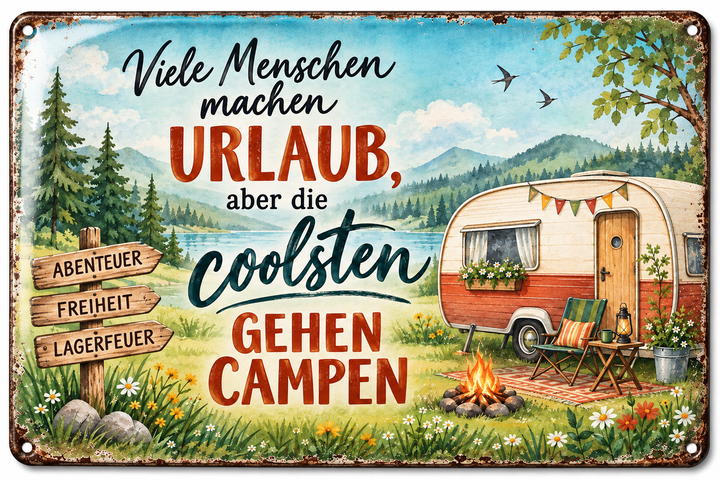 Camping Metallschild – Die Coolsten gehen campen von Leotie – Titelbild mit Schimmereffekt, 30 × 20 cm