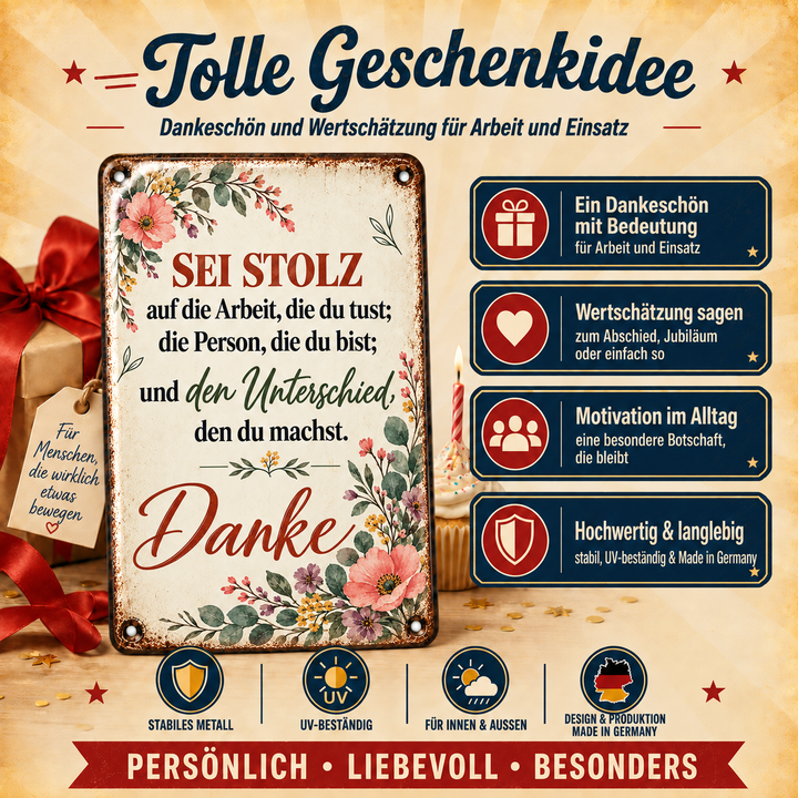 Danke Metallschild – Sei stolz auf deine Arbeit von Leotie – Geschenkidee, 20 × 30 cm