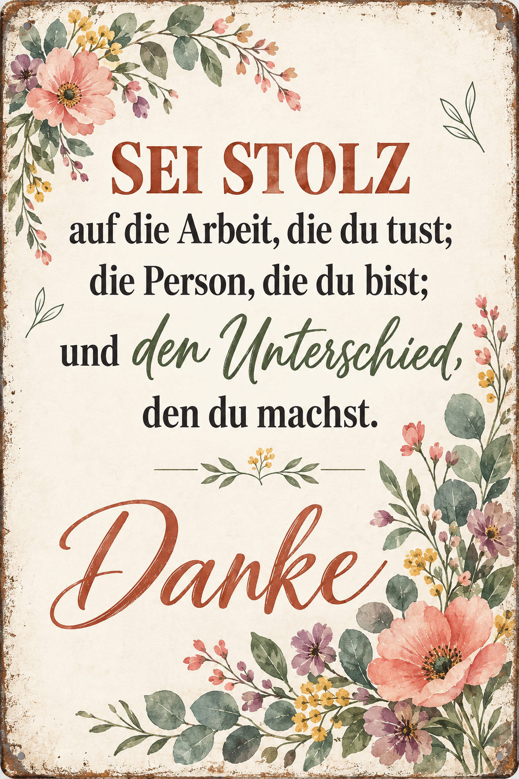 Danke Metallschild – Sei stolz auf deine Arbeit von Leotie – Motivansicht, 20 × 30 cm