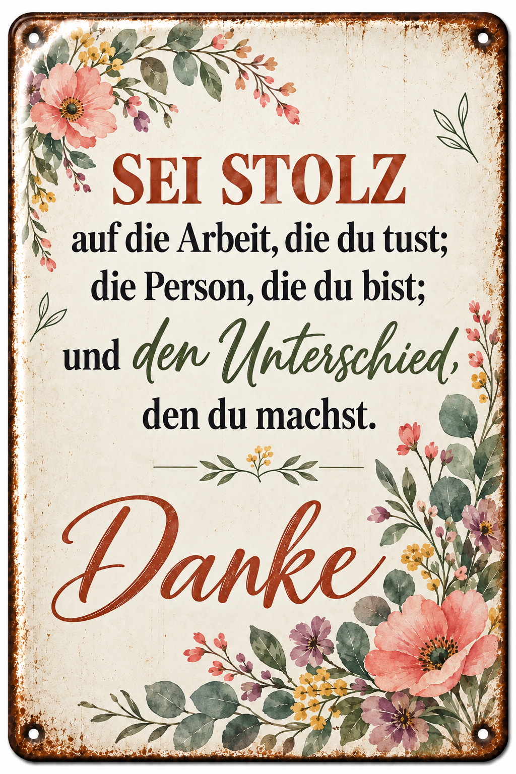 Danke Metallschild – Sei stolz auf deine Arbeit von Leotie – Titelbild mit Schimmereffekt, 20 × 30 cm