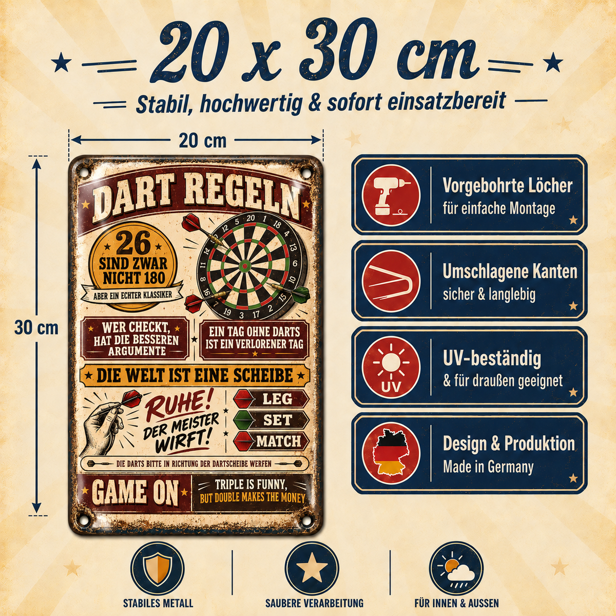 Dart-Regeln Metallschild – Ruhe, der Meister wirft von Leotie – Maße und Produkteigenschaften, 20 × 30 cm