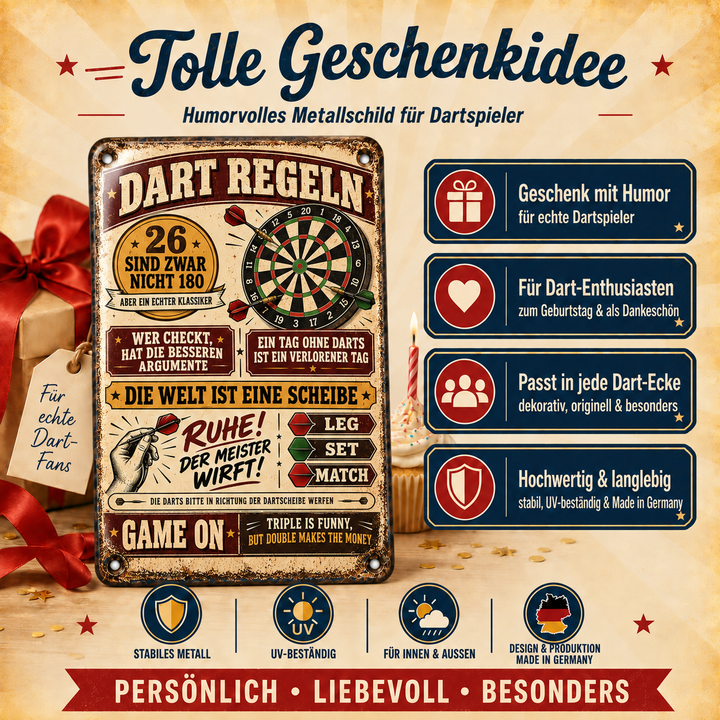 Dart-Regeln Metallschild – Ruhe, der Meister wirft von Leotie – Geschenkidee, 20 × 30 cm
