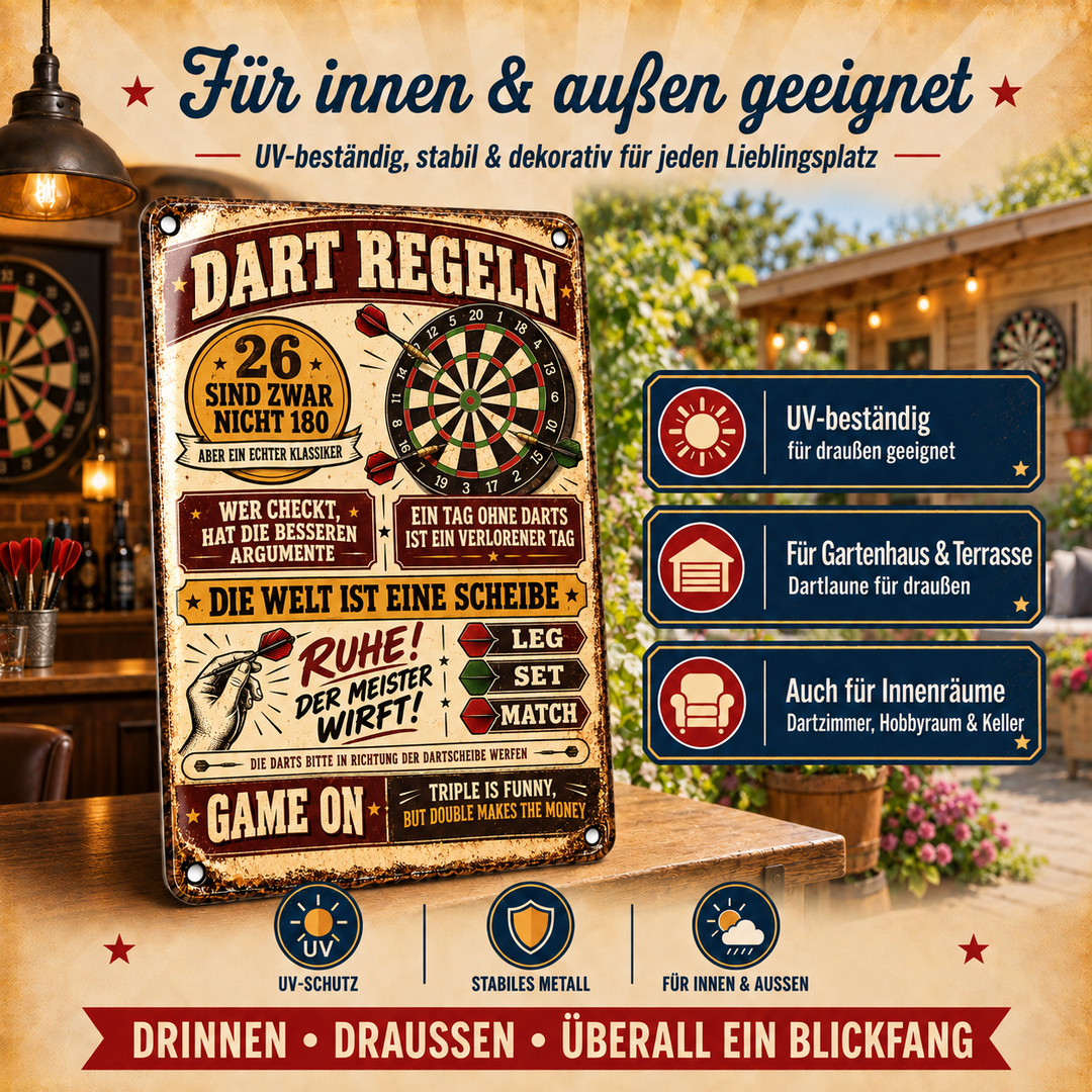 Dart-Regeln Metallschild – Ruhe, der Meister wirft von Leotie – Dekoration für innen und außen, 20 × 30 cm