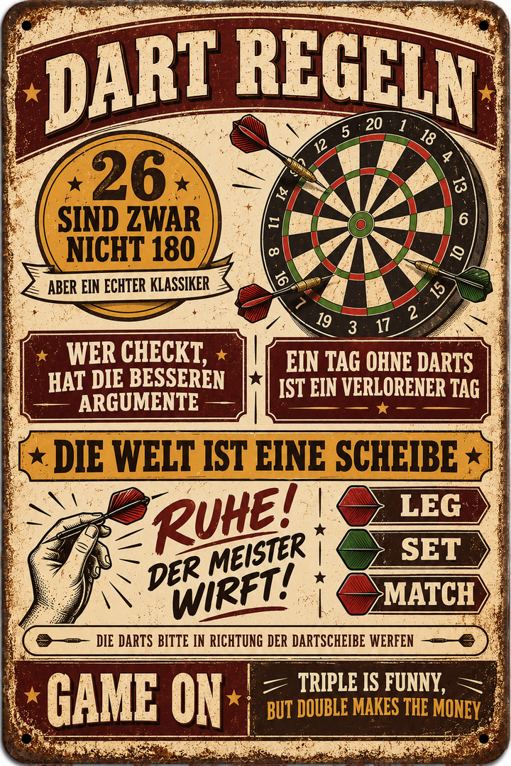 Dart-Regeln Metallschild – Ruhe, der Meister wirft von Leotie – Motivansicht, 20 × 30 cm