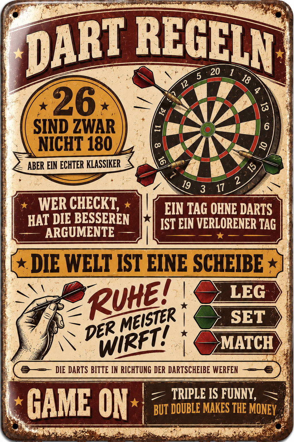 Dart-Regeln Metallschild – Ruhe, der Meister wirft von Leotie – Titelbild mit Schimmereffekt, 20 × 30 cm