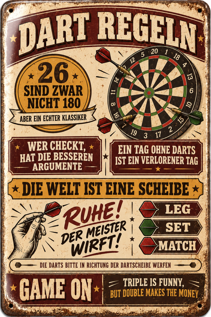 Dart-Regeln Metallschild – Ruhe, der Meister wirft von Leotie – Titelbild mit Schimmereffekt, 20 × 30 cm