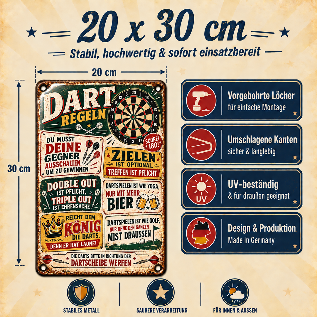 Dart-Regeln Metallschild – Zielen &amp; Treffen von Leotie – Maße und Produkteigenschaften, 20 × 30 cm