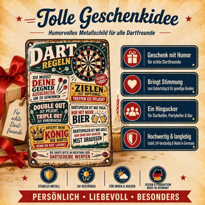 Dart-Regeln Metallschild – Zielen &amp; Treffen von Leotie – Geschenkidee, 20 × 30 cm