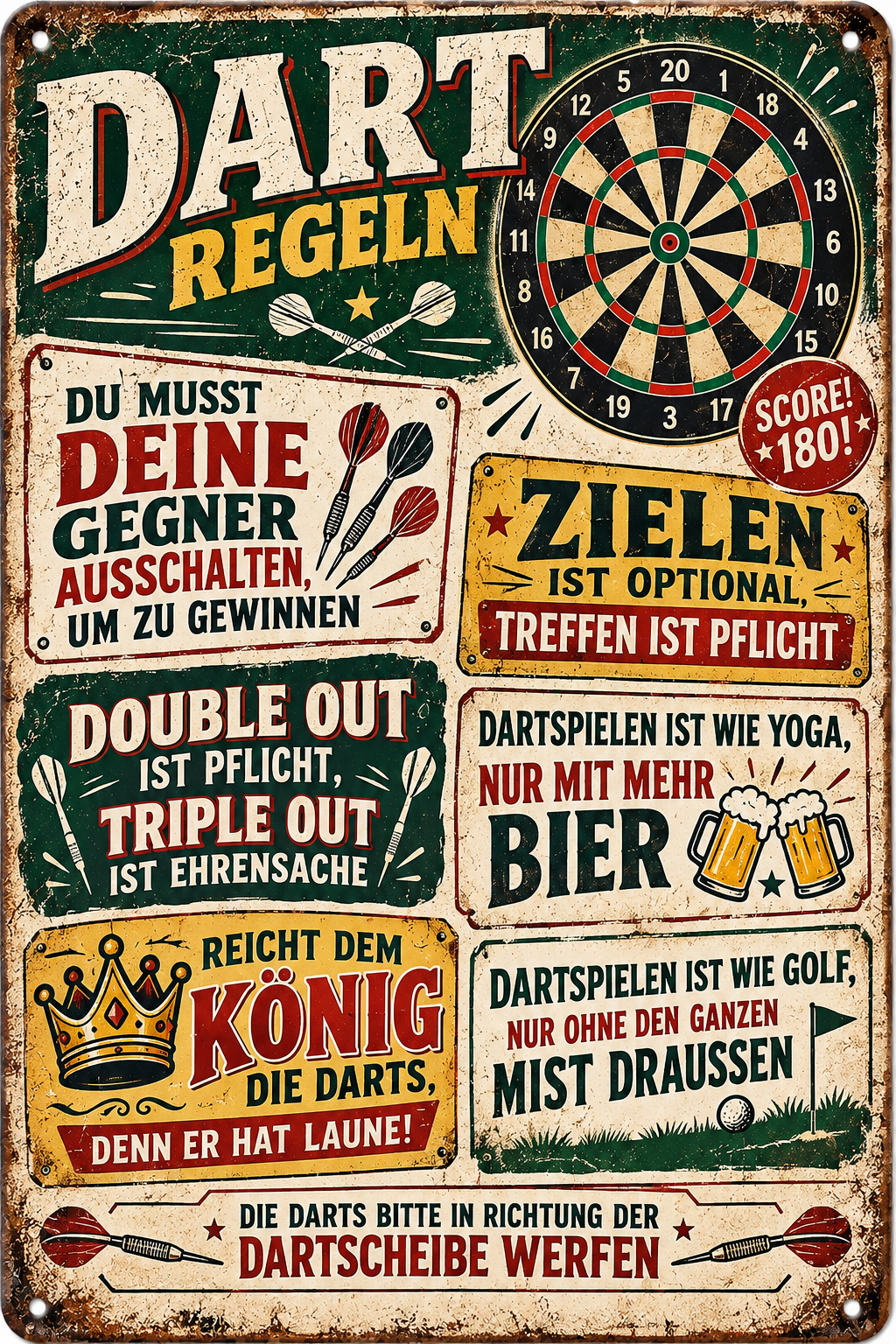 Dart-Regeln Metallschild – Zielen &amp; Treffen von Leotie – Motivansicht, 20 × 30 cm