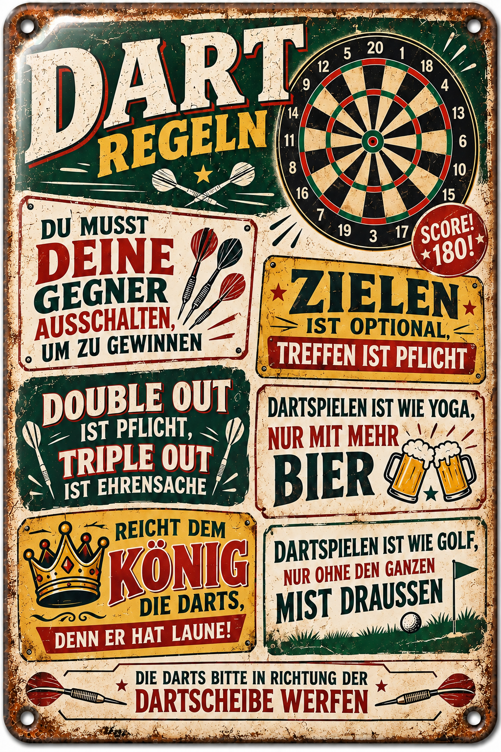 Dart-Regeln Metallschild – Zielen &amp; Treffen von Leotie – Titelbild mit Schimmereffekt, 20 × 30 cm