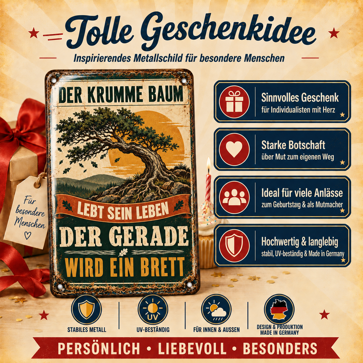 Der krumme Baum Metallschild – Lebensweisheit von Leotie – Geschenkidee, 20 × 30 cm