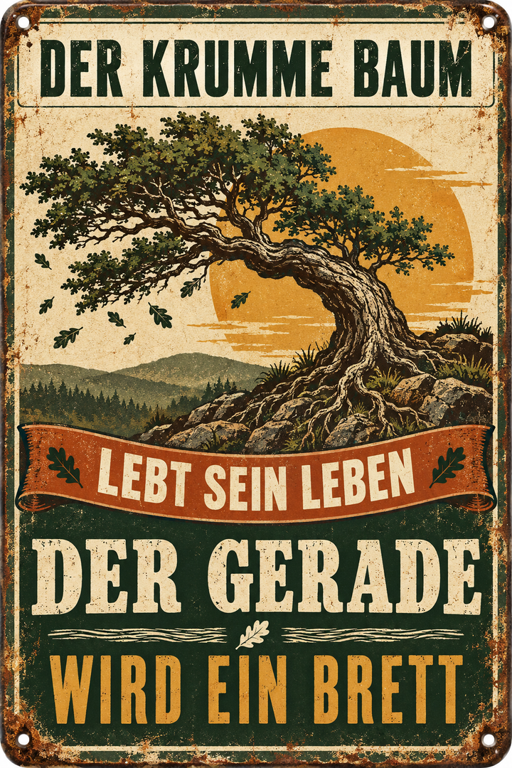 Der krumme Baum Metallschild – Lebensweisheit von Leotie – Motivansicht, 20 × 30 cm