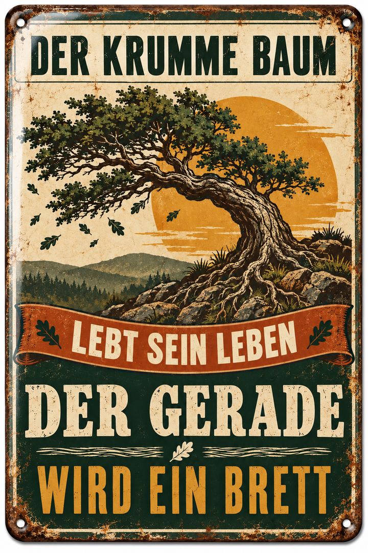 Der krumme Baum Metallschild – Lebensweisheit von Leotie – Titelbild mit Schimmereffekt, 20 × 30 cm