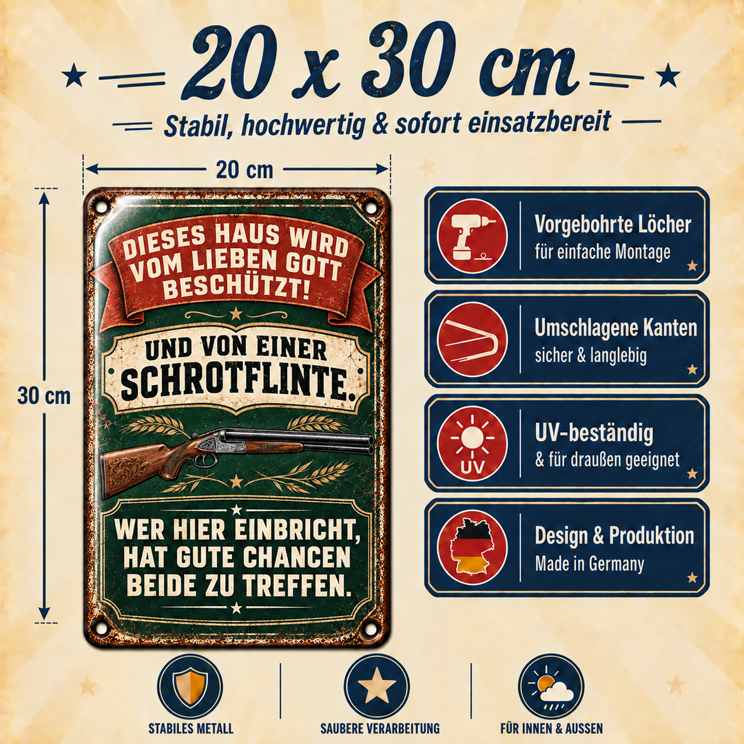 Dieses Haus wird beschützt Metallschild – Schwarzer Humor von Leotie – Maße und Produkteigenschaften, 20 × 30 cm