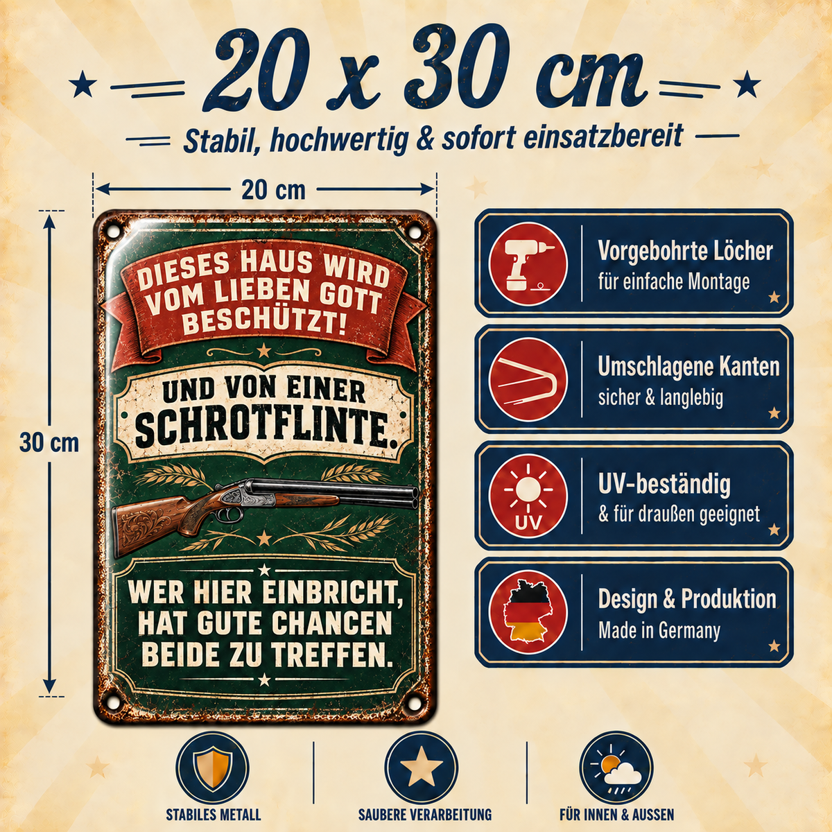 Dieses Haus wird beschützt Metallschild – Schwarzer Humor von Leotie – Maße und Produkteigenschaften, 20 × 30 cm