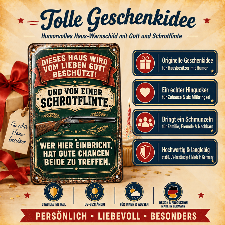 Dieses Haus wird beschützt Metallschild – Schwarzer Humor von Leotie – Geschenkidee, 20 × 30 cm