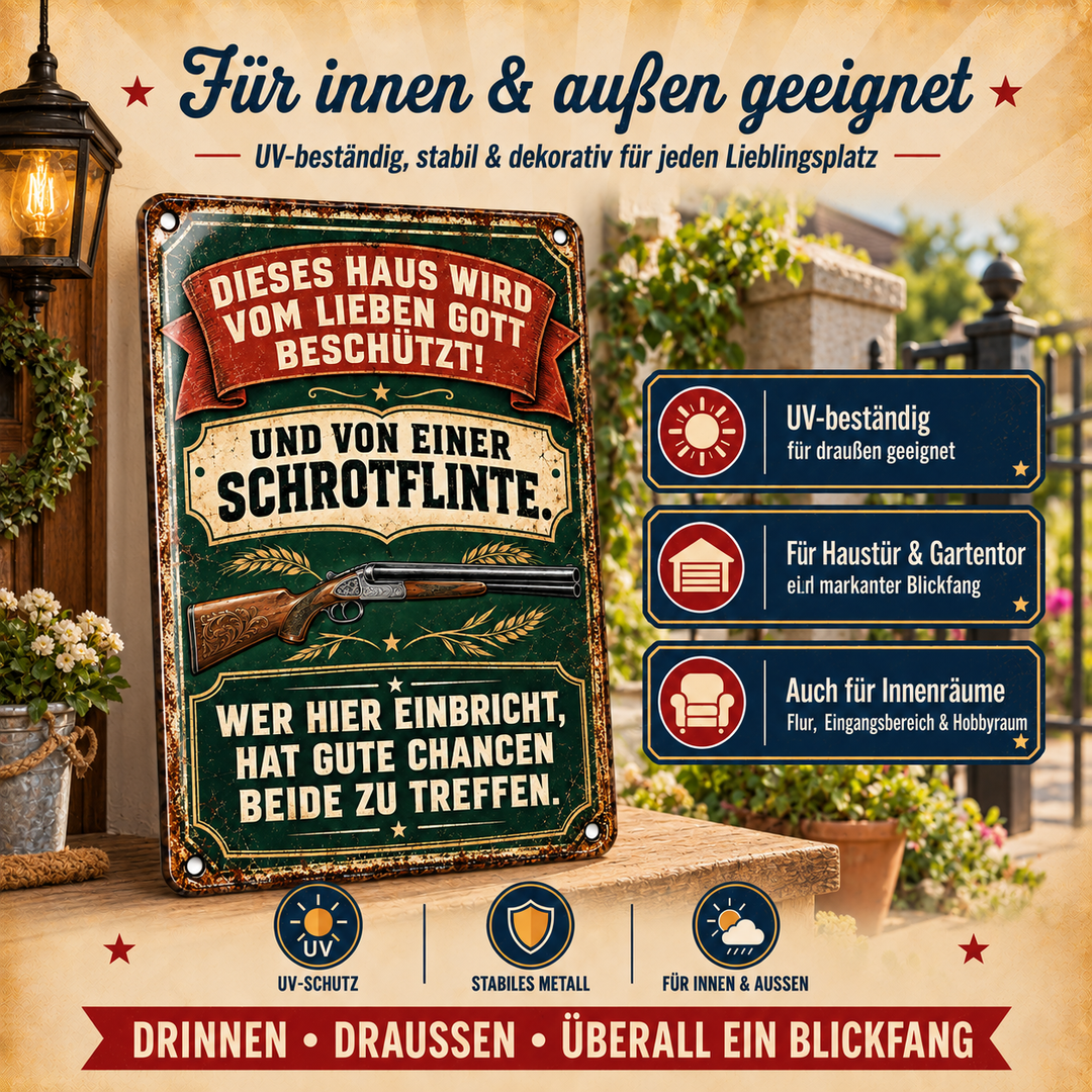 Dieses Haus wird beschützt Metallschild – Schwarzer Humor von Leotie – Dekoration für innen und außen, 20 × 30 cm