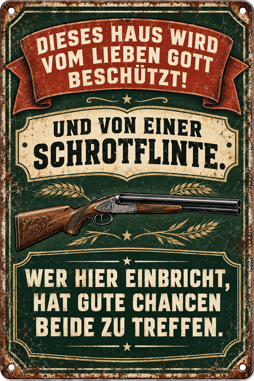 Dieses Haus wird beschützt Metallschild – Schwarzer Humor von Leotie – Motivansicht, 20 × 30 cm