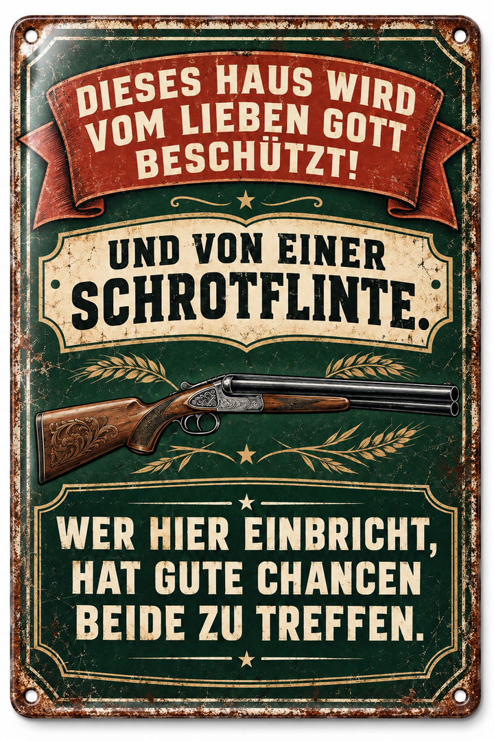 Dieses Haus wird beschützt Metallschild – Schwarzer Humor von Leotie – Titelbild mit Schimmereffekt, 20 × 30 cm