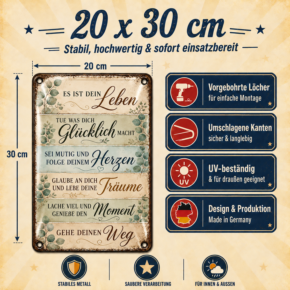 Es ist dein Leben Metallschild – Eukalyptus von Leotie – Maße und Produkteigenschaften, 20 × 30 cm