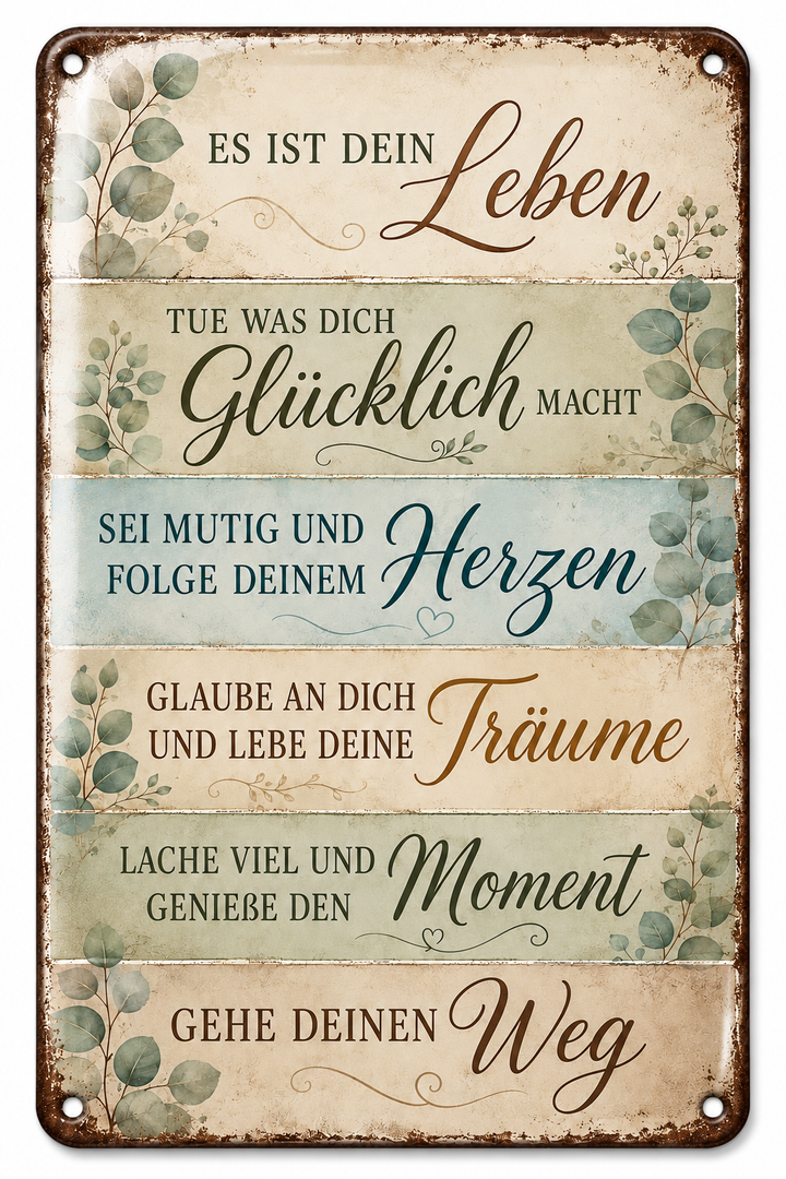 Es ist dein Leben Metallschild – Eukalyptus von Leotie – Titelbild mit Schimmereffekt, 20 × 30 cm