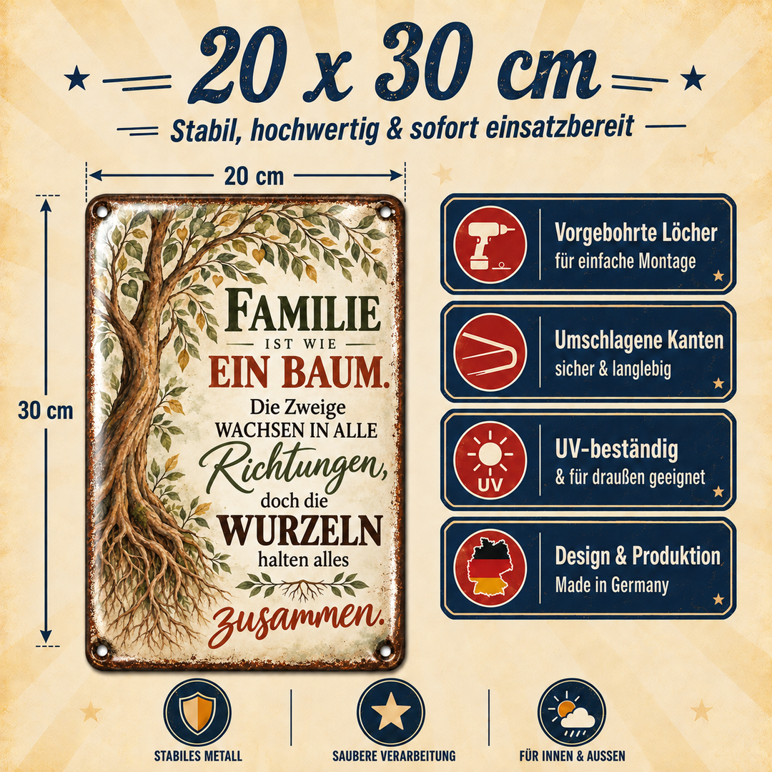 Familie ist wie ein Baum Metallschild von Leotie – Maße und Produkteigenschaften, 20 × 30 cm