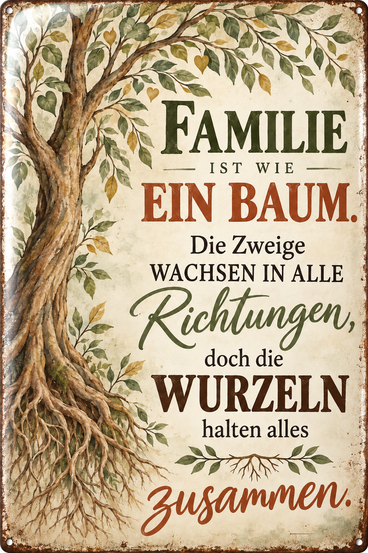 Familie ist wie ein Baum Metallschild von Leotie – Titelbild mit Schimmereffekt, 20 × 30 cm