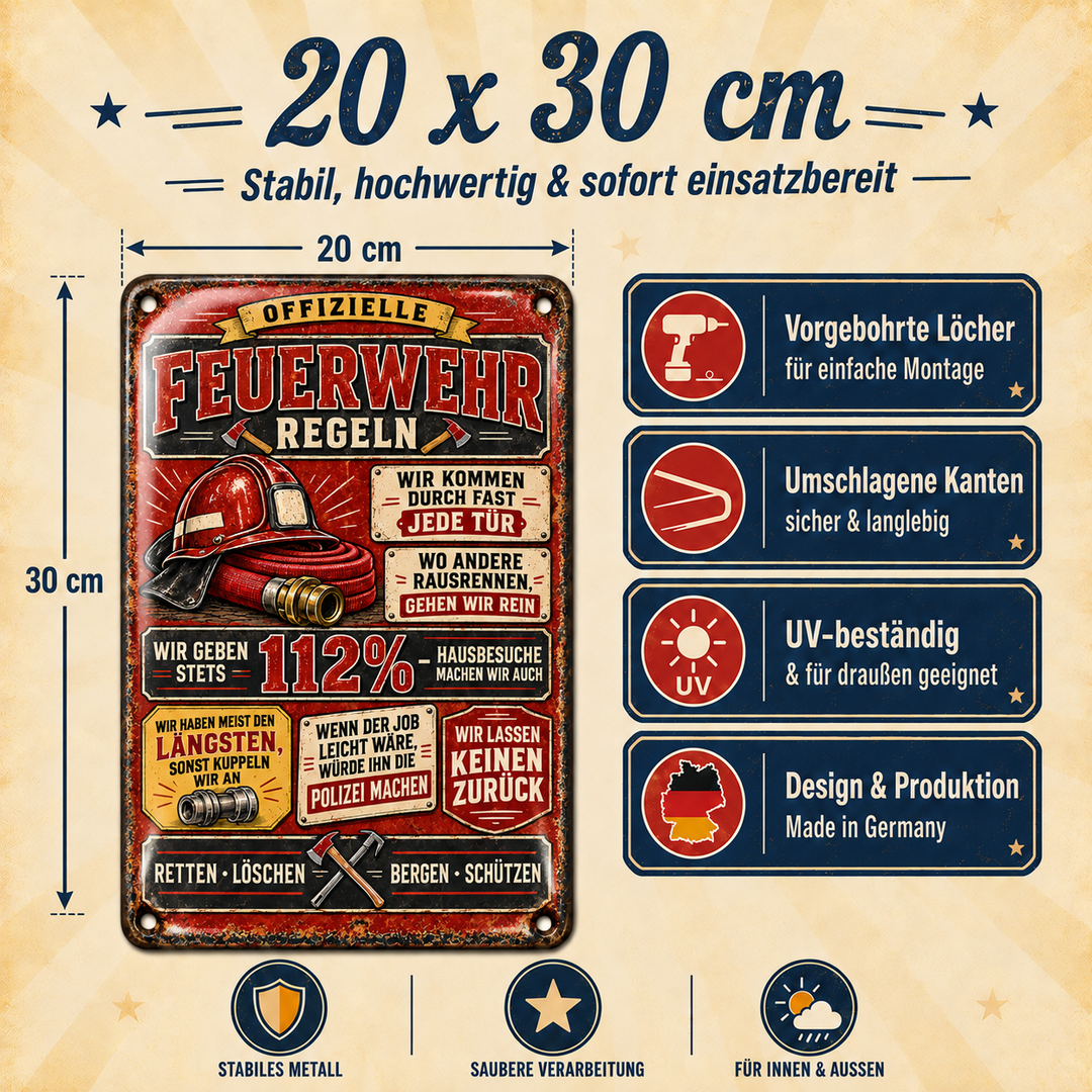 Feuerwehr-Regeln Metallschild – 112 Prozent von Leotie – Maße und Produkteigenschaften, 20 × 30 cm