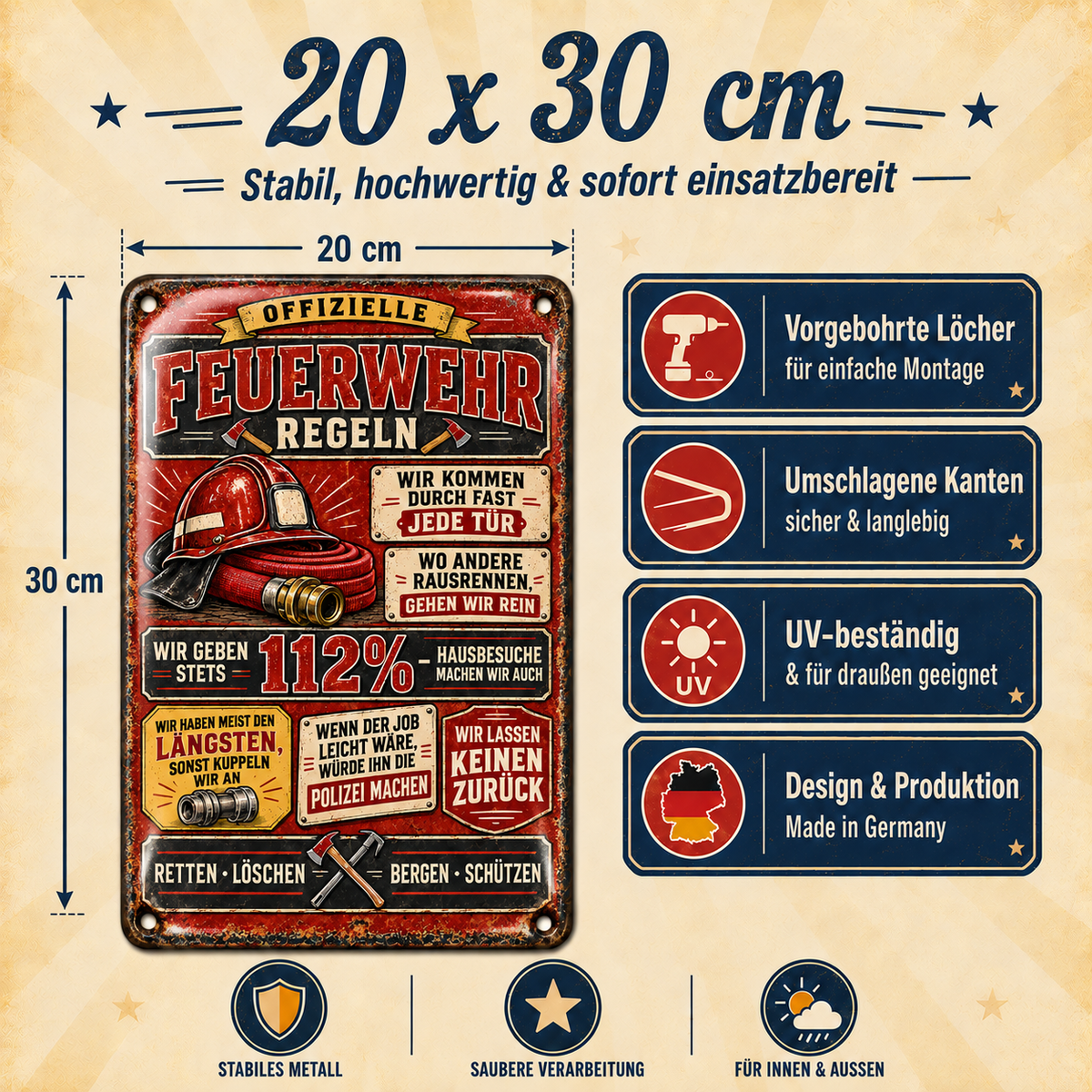 Feuerwehr-Regeln Metallschild – 112 Prozent von Leotie – Maße und Produkteigenschaften, 20 × 30 cm