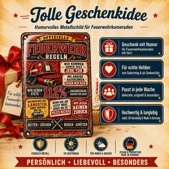 Feuerwehr-Regeln Metallschild – 112 Prozent von Leotie – Geschenkidee, 20 × 30 cm