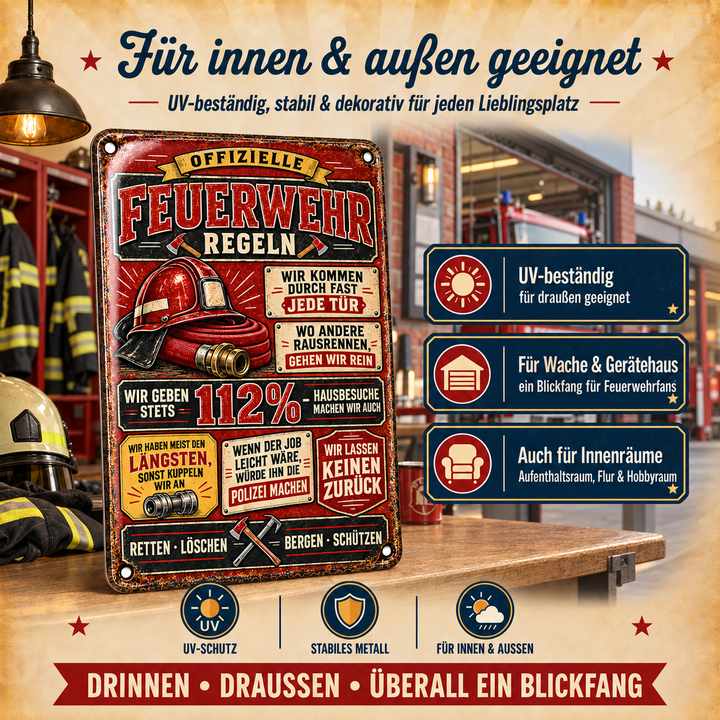 Feuerwehr-Regeln Metallschild – 112 Prozent von Leotie – Dekoration für innen und außen, 20 × 30 cm