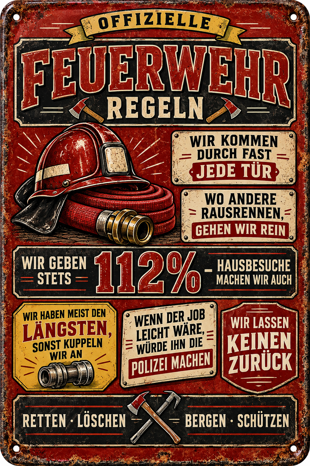 Feuerwehr-Regeln Metallschild – 112 Prozent von Leotie – Motivansicht, 20 × 30 cm