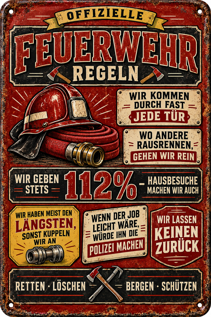 Feuerwehr-Regeln Metallschild – 112 Prozent von Leotie – Motivansicht, 20 × 30 cm