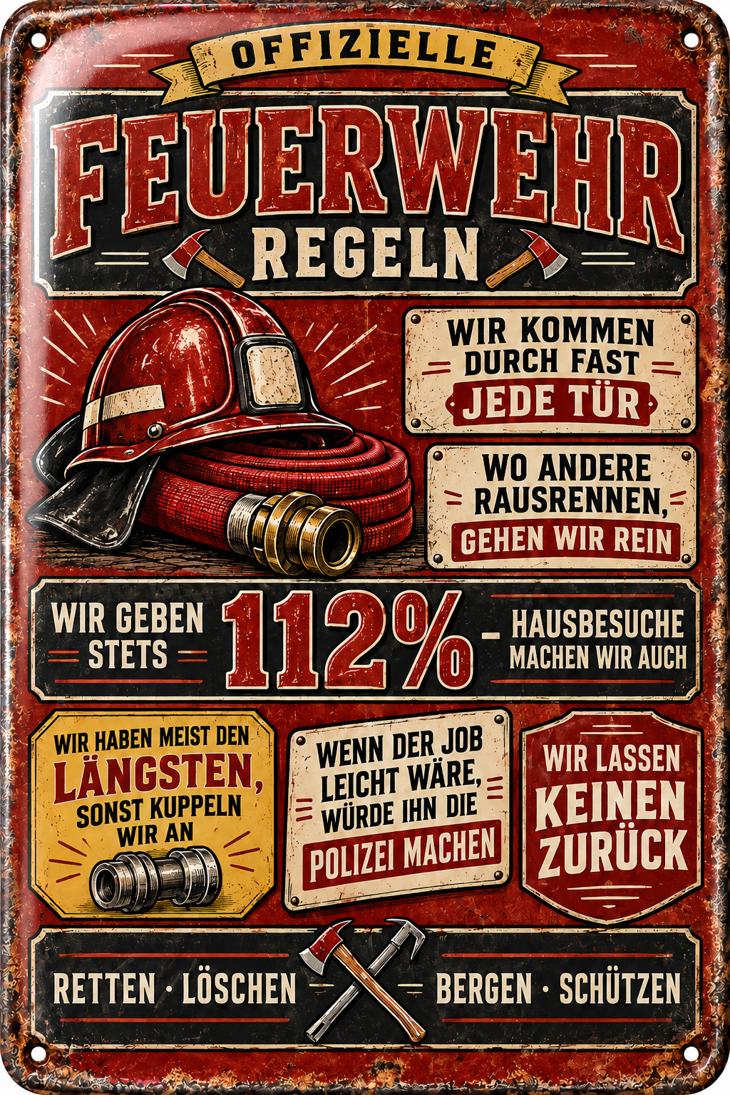 Feuerwehr-Regeln Metallschild – 112 Prozent von Leotie – Titelbild mit Schimmereffekt, 20 × 30 cm