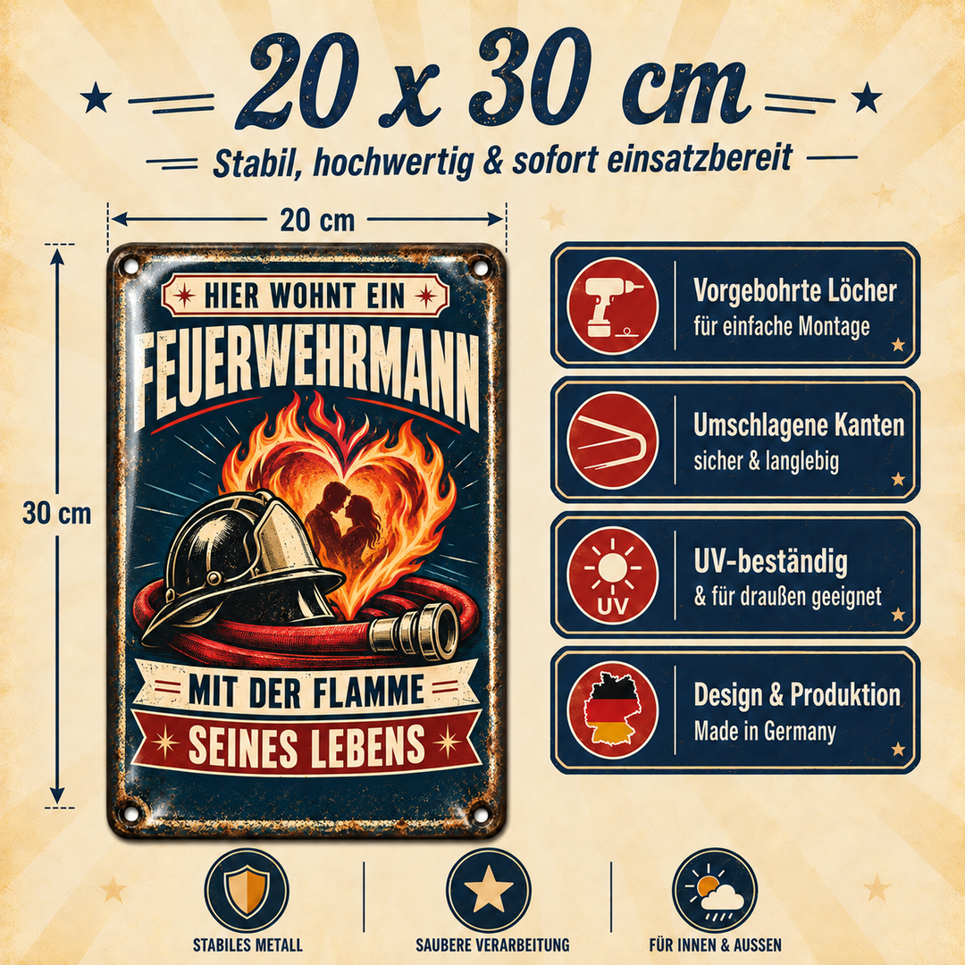 Feuerwehrmann Metallschild – Flamme seines Lebens von Leotie – Maße und Produkteigenschaften, 20 × 30 cm