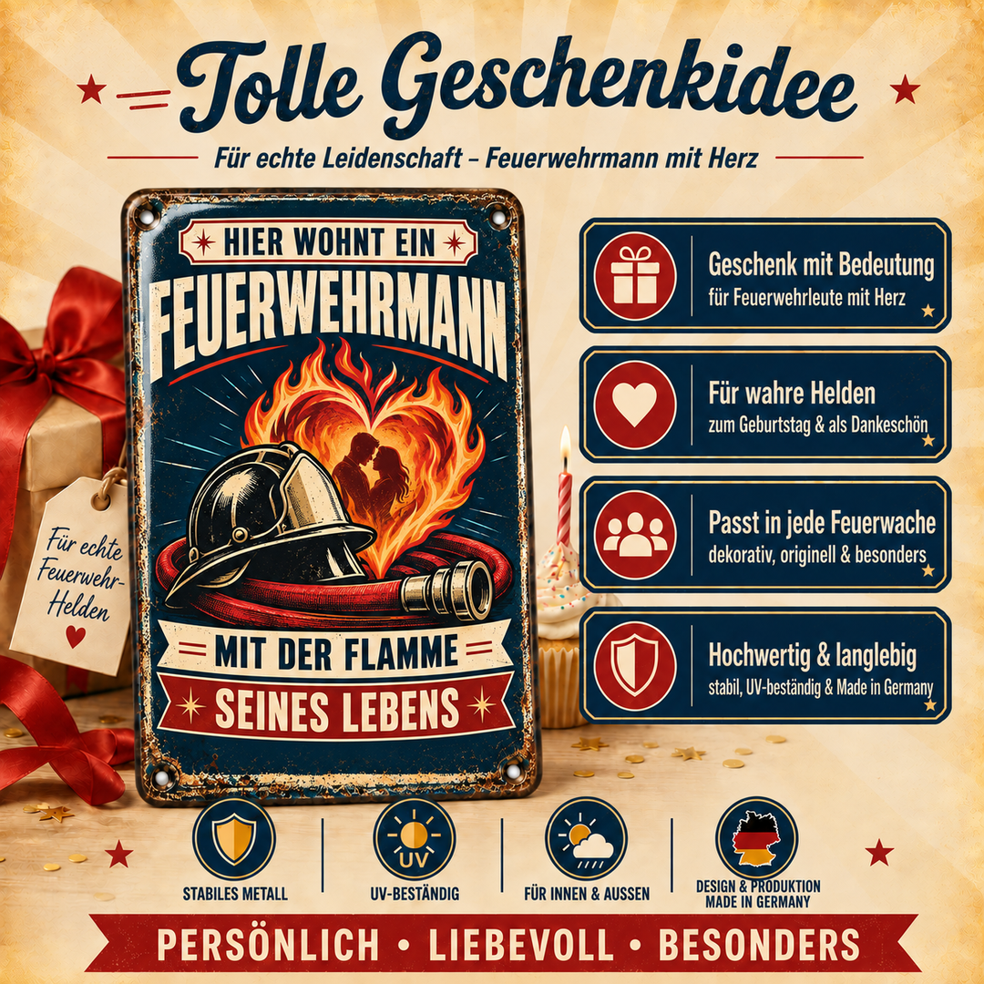 Feuerwehrmann Metallschild – Flamme seines Lebens von Leotie – Geschenkidee, 20 × 30 cm