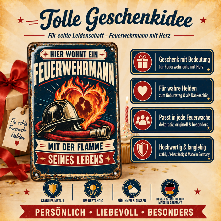 Feuerwehrmann Metallschild – Flamme seines Lebens von Leotie – Geschenkidee, 20 × 30 cm