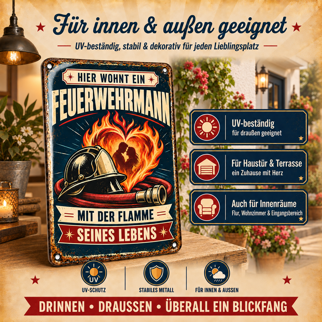 Feuerwehrmann Metallschild – Flamme seines Lebens von Leotie – Dekoration für innen und außen, 20 × 30 cm