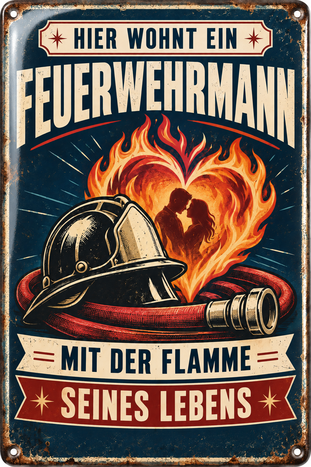 Feuerwehrmann Metallschild – Flamme seines Lebens von Leotie – Titelbild mit Schimmereffekt, 20 × 30 cm