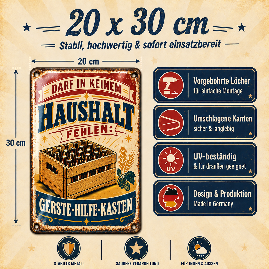Gerste-Hilfe-Kasten Metallschild – Bierhumor von Leotie – Maße und Produkteigenschaften, 20 × 30 cm