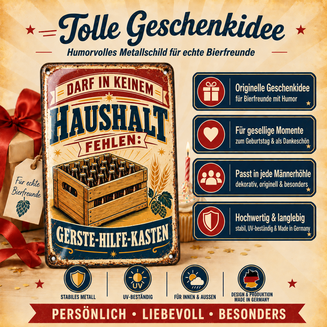 Gerste-Hilfe-Kasten Metallschild – Bierhumor von Leotie – Geschenkidee, 20 × 30 cm