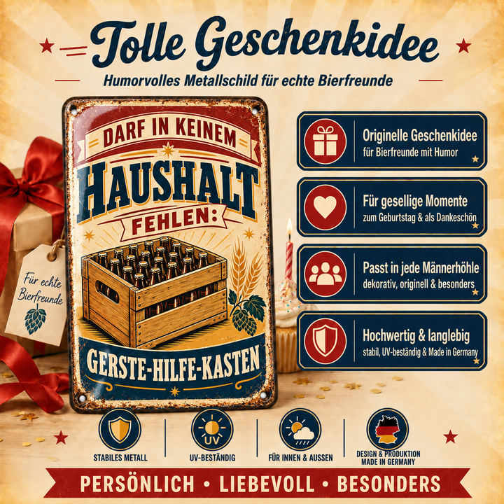 Gerste-Hilfe-Kasten Metallschild – Bierhumor von Leotie – Geschenkidee, 20 × 30 cm