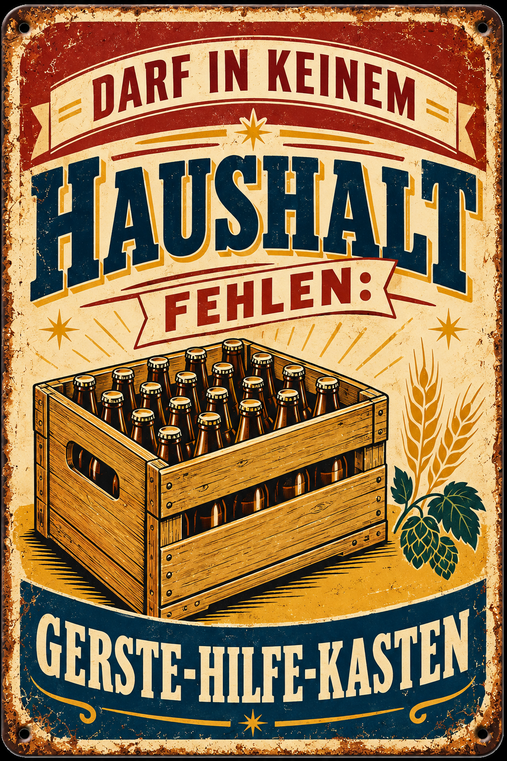 Gerste-Hilfe-Kasten Metallschild – Bierhumor von Leotie – Motivansicht, 20 × 30 cm