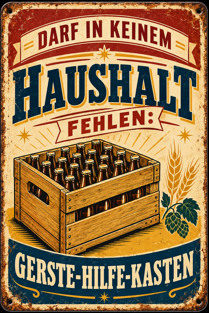 Gerste-Hilfe-Kasten Metallschild – Bierhumor von Leotie – Motivansicht, 20 × 30 cm