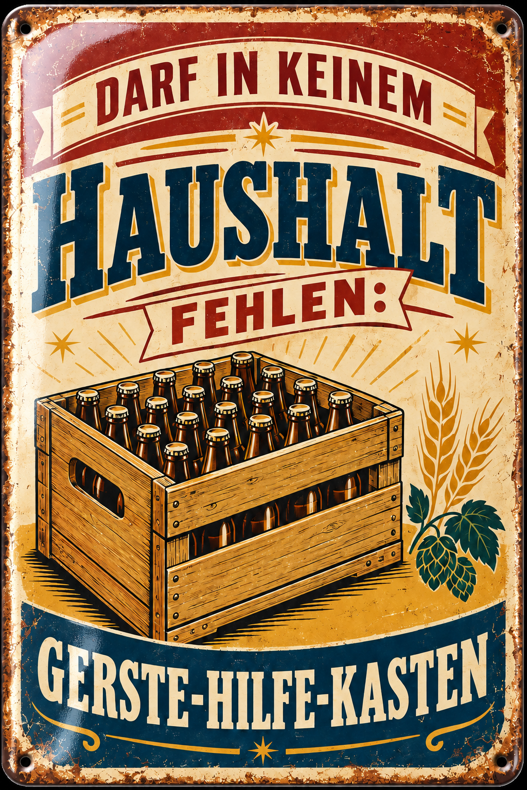 Gerste-Hilfe-Kasten Metallschild – Bierhumor von Leotie – Titelbild mit Schimmereffekt, 20 × 30 cm