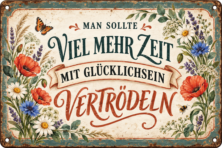 Glücklichsein vertrödeln Metallschild – Blumenbordüre von Leotie – Motivansicht, 30 × 20 cm
