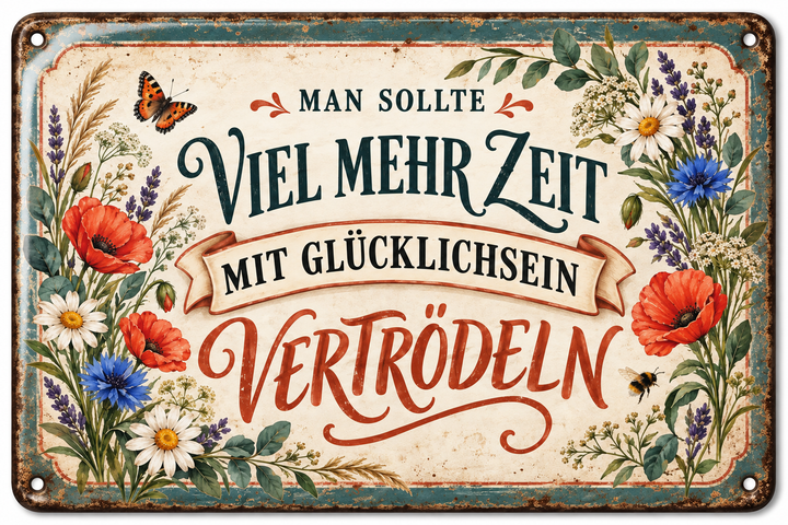 Glücklichsein vertrödeln Metallschild – Blumenbordüre von Leotie – Titelbild mit Schimmereffekt, 30 × 20 cm